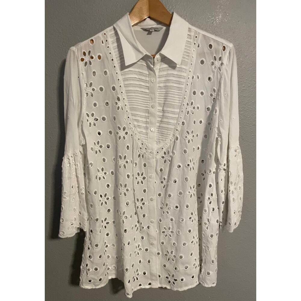 John Mark Blouse Womens Medium White Eyelet Lace 3/4 Bell Sleeve Tunic Top Boho